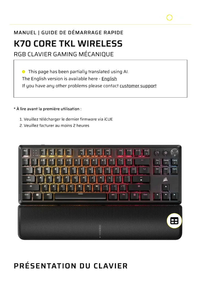 Page 1 de la notice Manuel utilisateur Corsair K70 RGB PRO