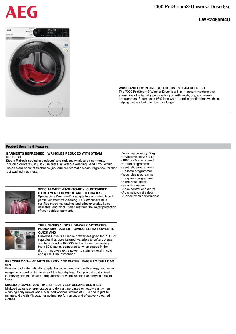 Page 1 de la notice Fiche technique AEG LWR7485M4U