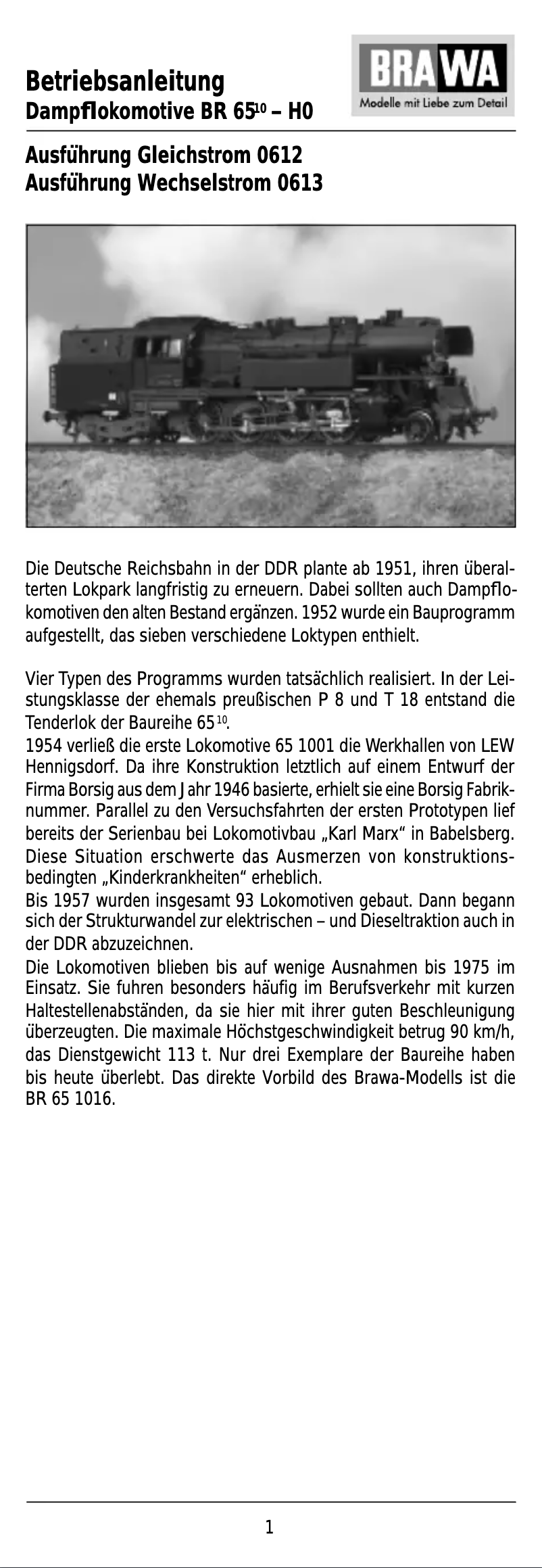 Page n°1 - Manuel utilisateur Brawa 0612 BR 65 (HO)