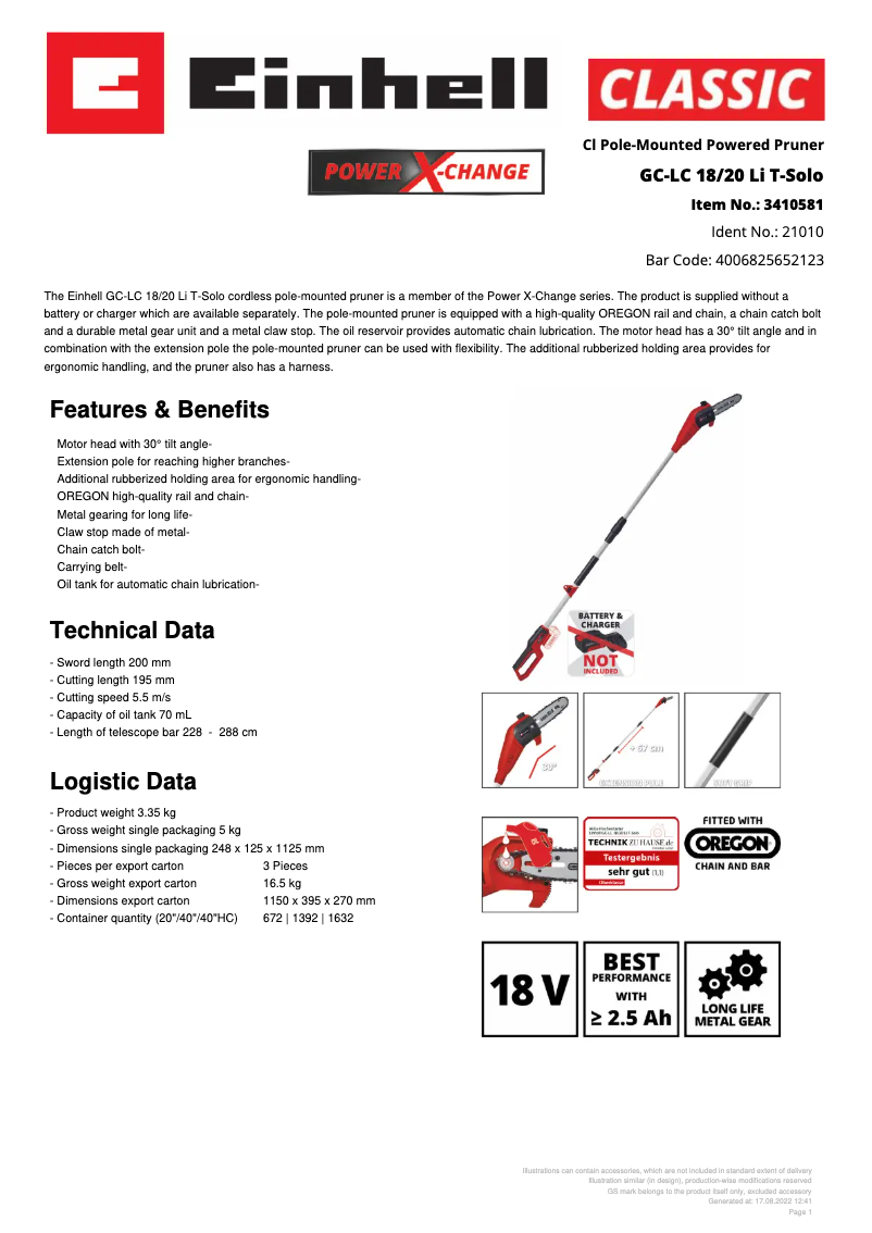 Page 1 de la notice Fiche technique Einhell GC-LC 18/20 Li T-Solo