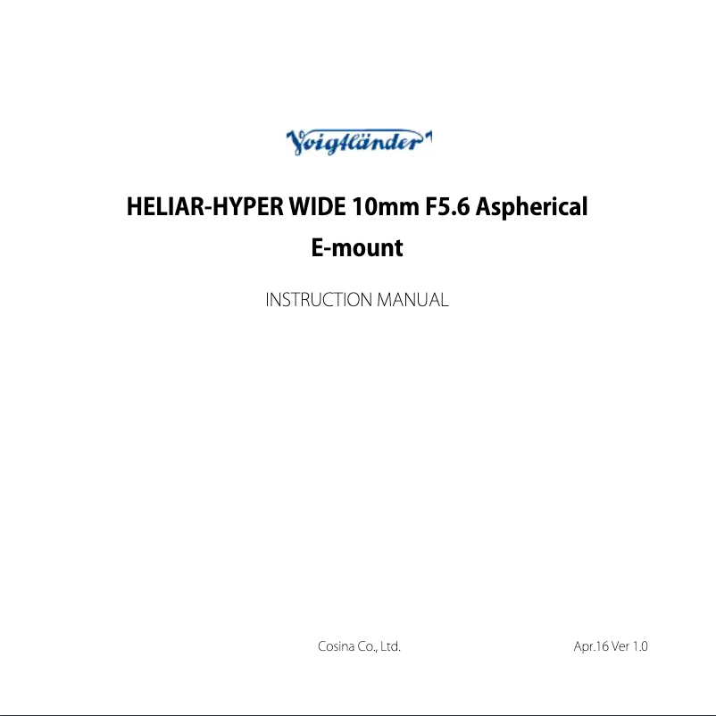 Page n°1 - Manuel utilisateur Voigtländer E-Mount 10 mm / F 5.6