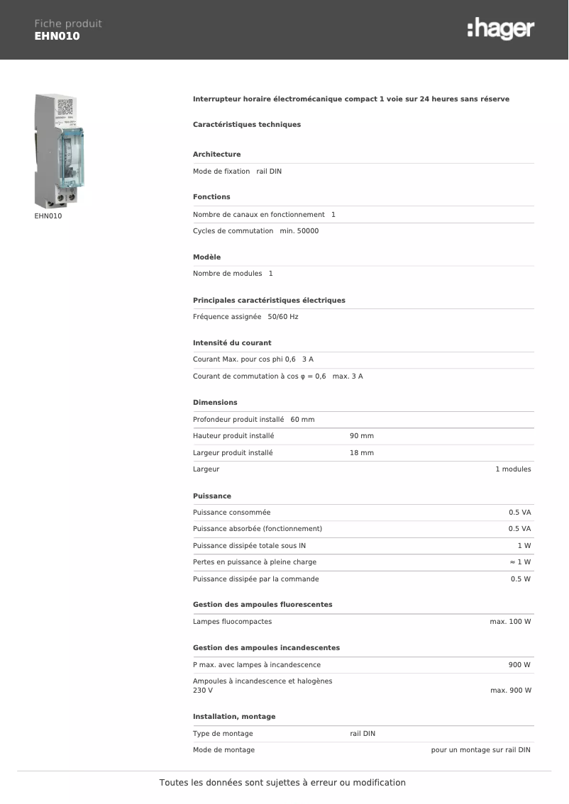 Page n°1 - Fiche technique Hager EHN010