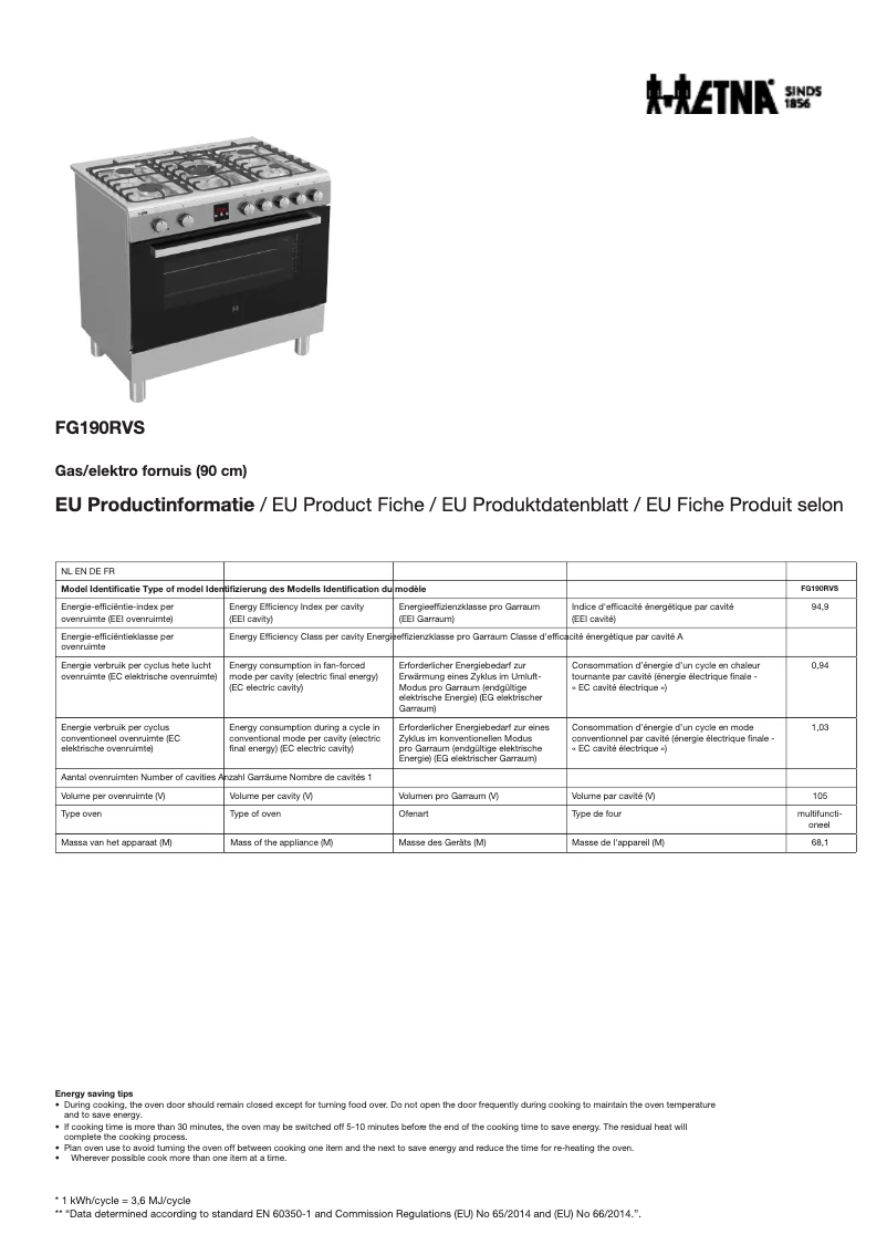 Page 1 de la notice Fiche technique Etna SV220