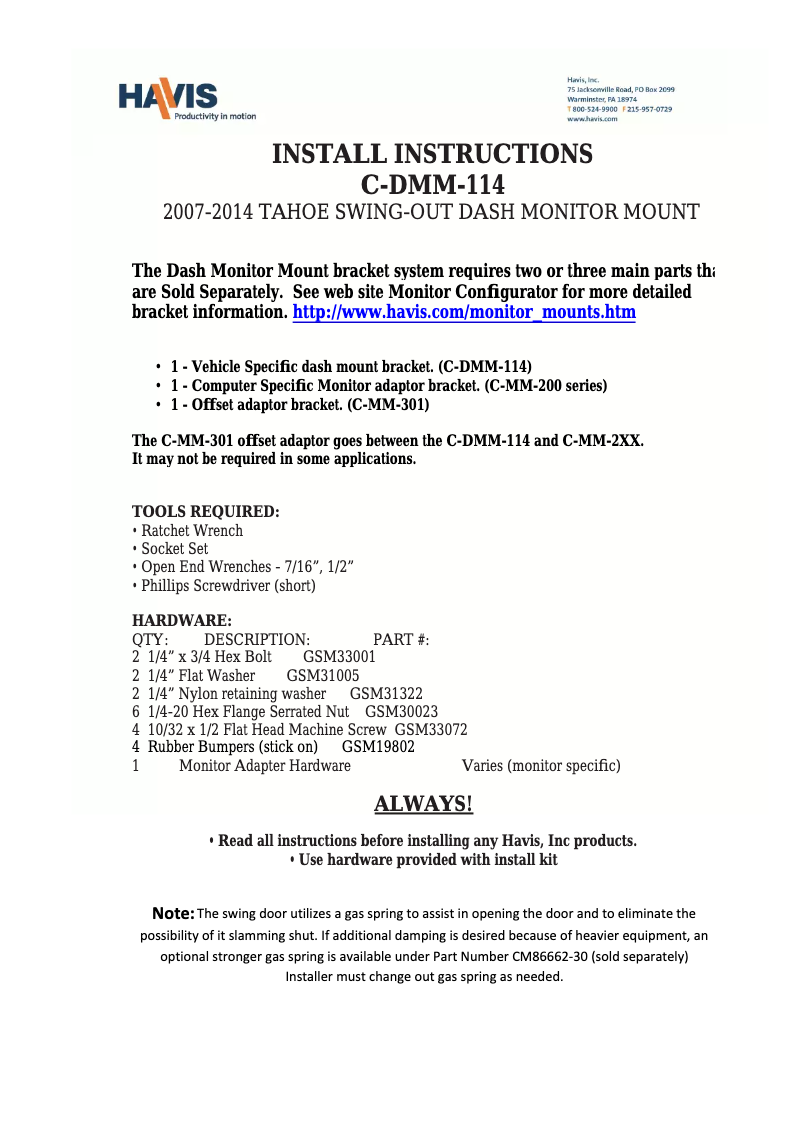 Page 1 of the manual User Manual Havis C-DMM-114