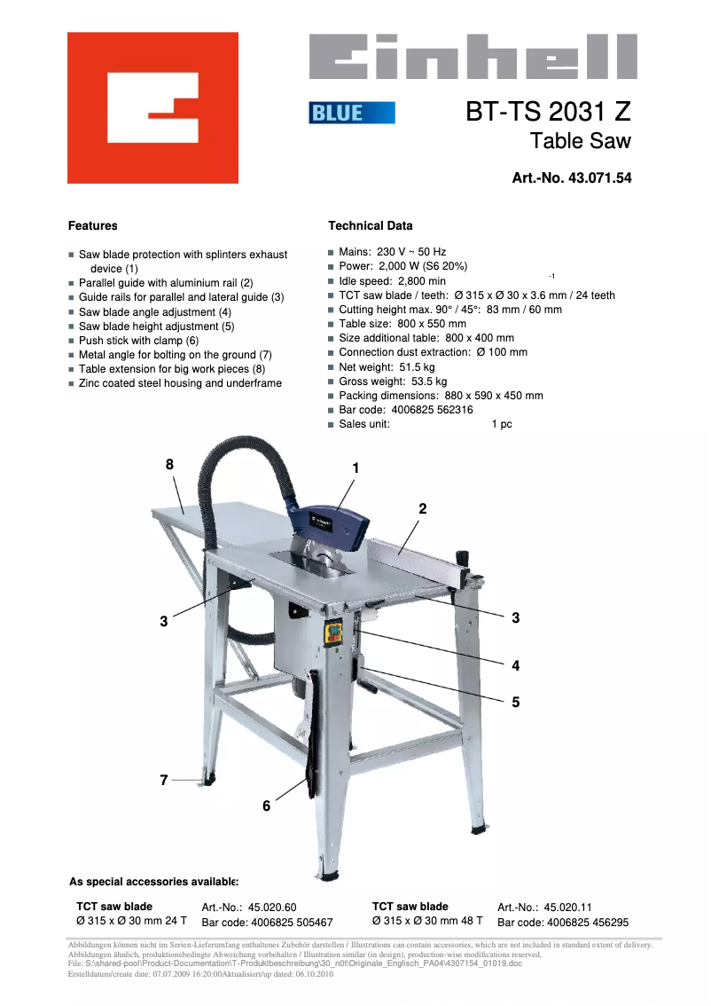 Page n°1 - Manuel utilisateur Einhell BT-TS 2031 Z
