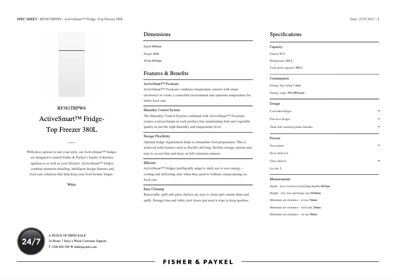 Page 1 de la notice Fiche technique Fisher & Paykel RF381TRPW6