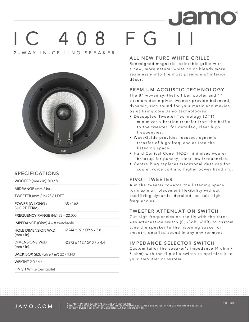 Page 1 de la notice Fiche technique Jamo IC 408 FG II