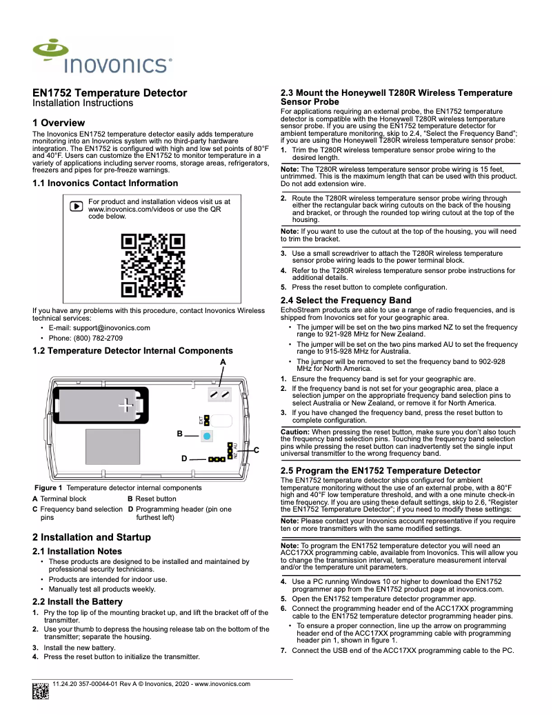 Page 1 de la notice Manuel utilisateur Inovonics EN1752