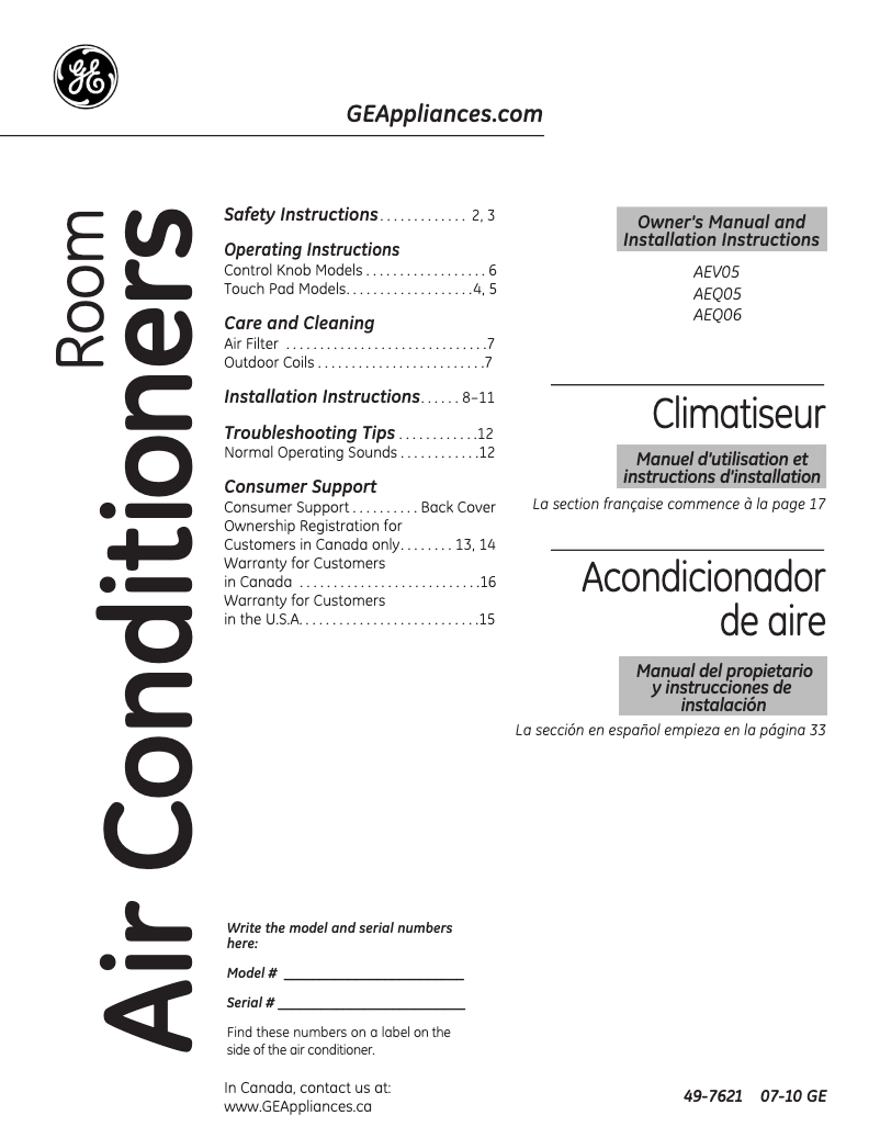 Page 1 de la notice Guide d'installation GE AEQ05LN