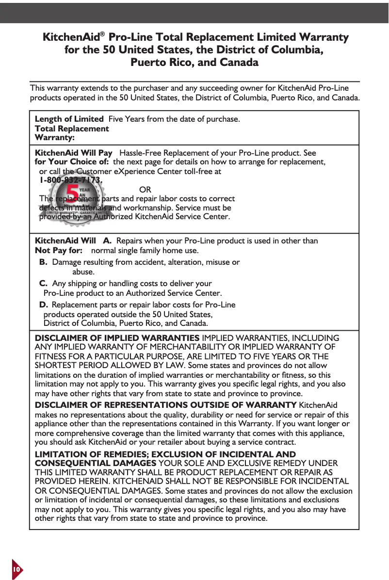 Page n°1 - Informations de garantie KitchenAid Pro Line KEK1522