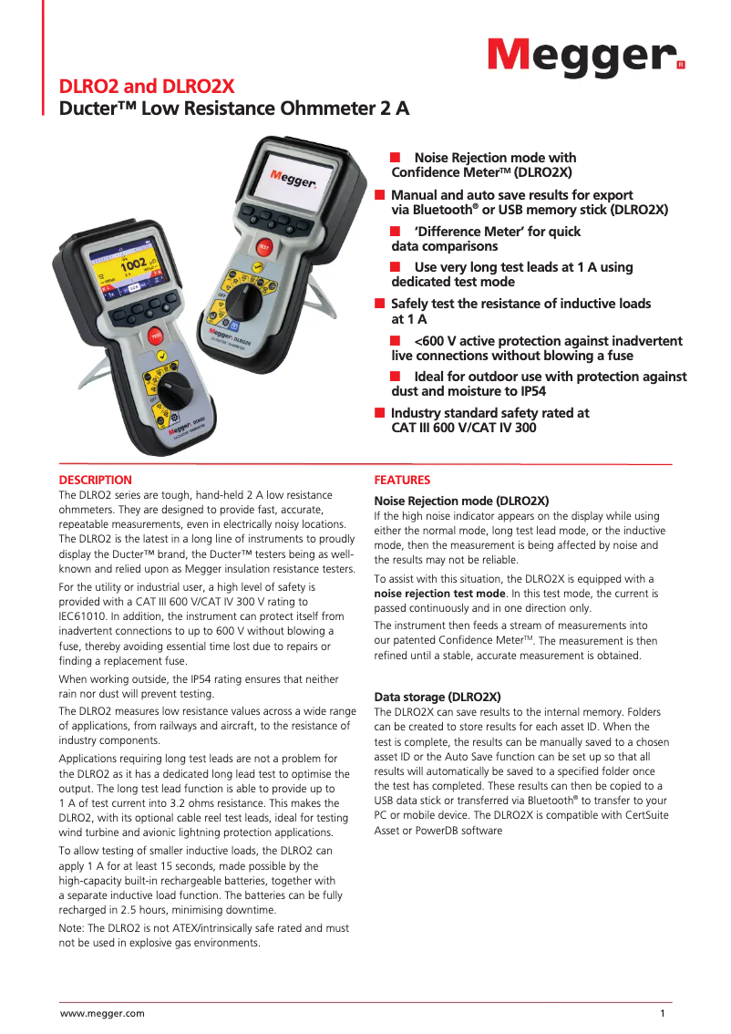 Page 1 de la notice Fiche technique Megger DLRO 2