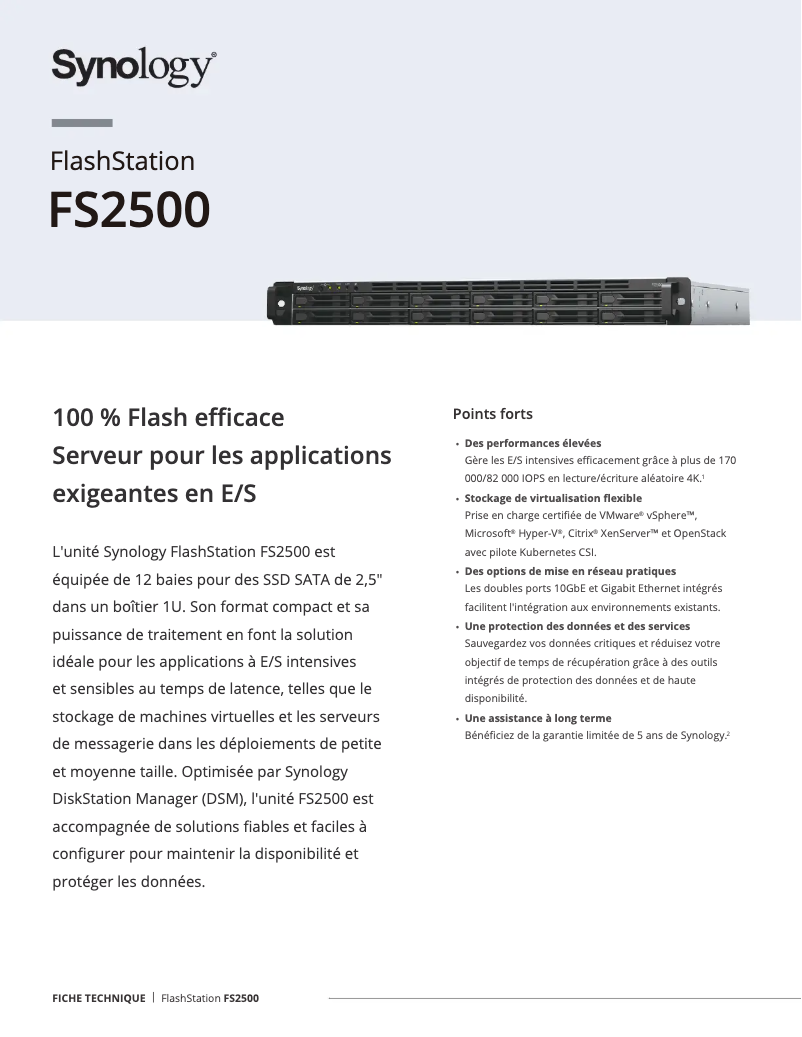 Page 1 de la notice Fiche technique Synology FlashStation FS2500