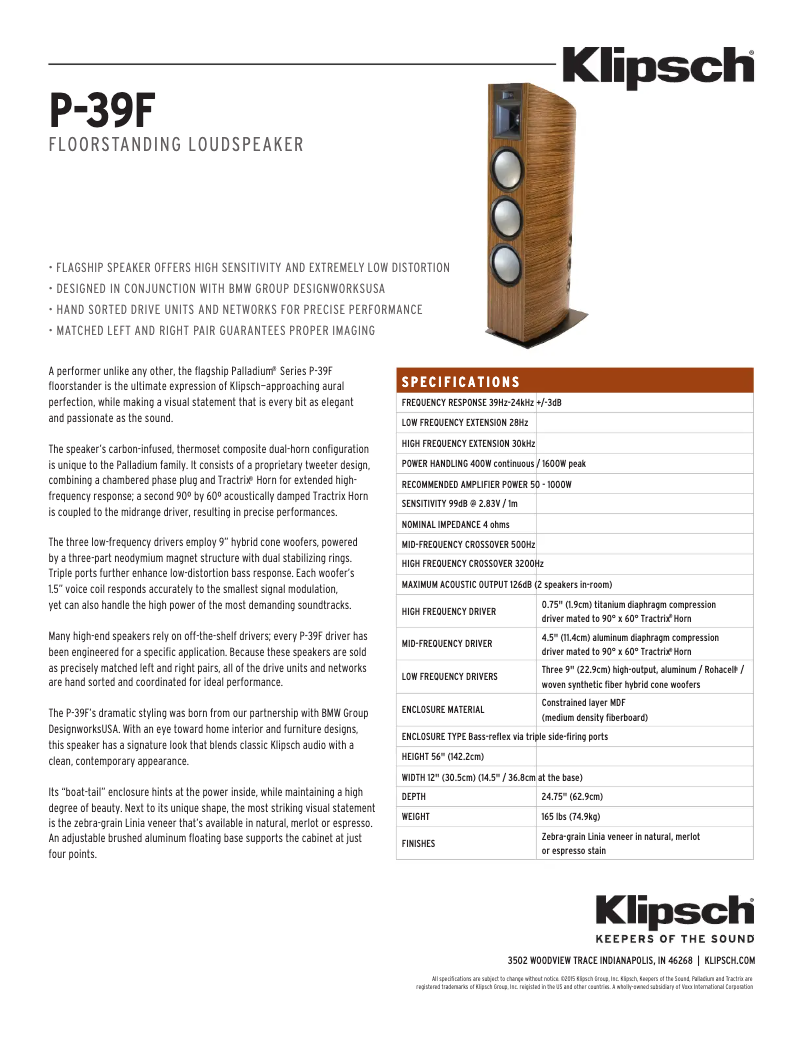 Page 1 de la notice Fiche technique Klipsch Palladium P-39F