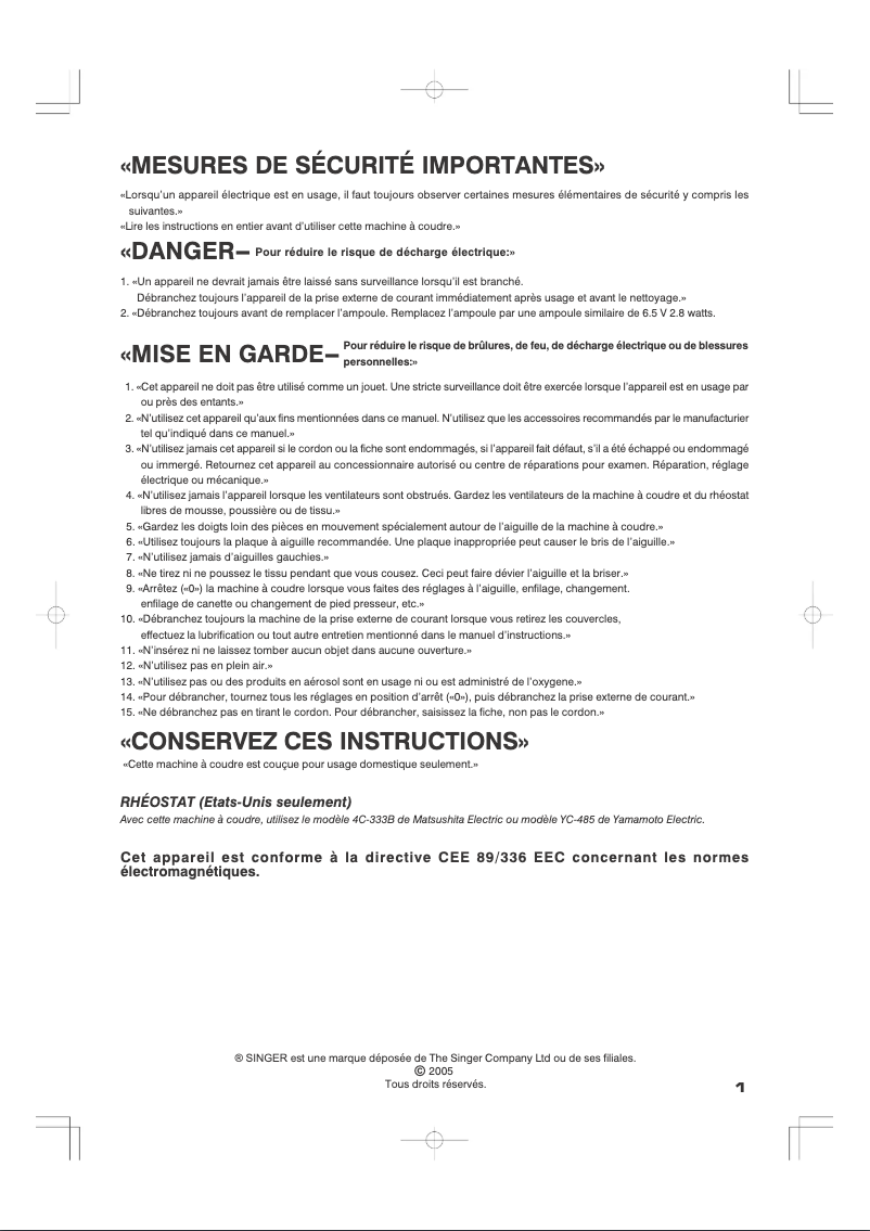 Page n°1 - Manuel utilisateur Singer Futura 200