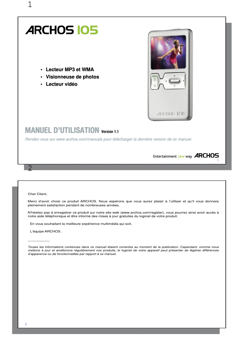 Page 1 de la notice Manuel utilisateur Archos 105