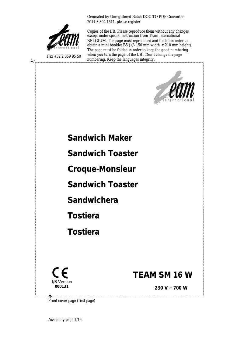 Page n°1 - Manuel utilisateur Team SM 16 W