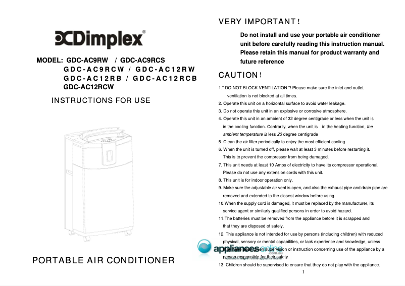 Image de la première page du manuel de l'appareil GDC-AC9RCW