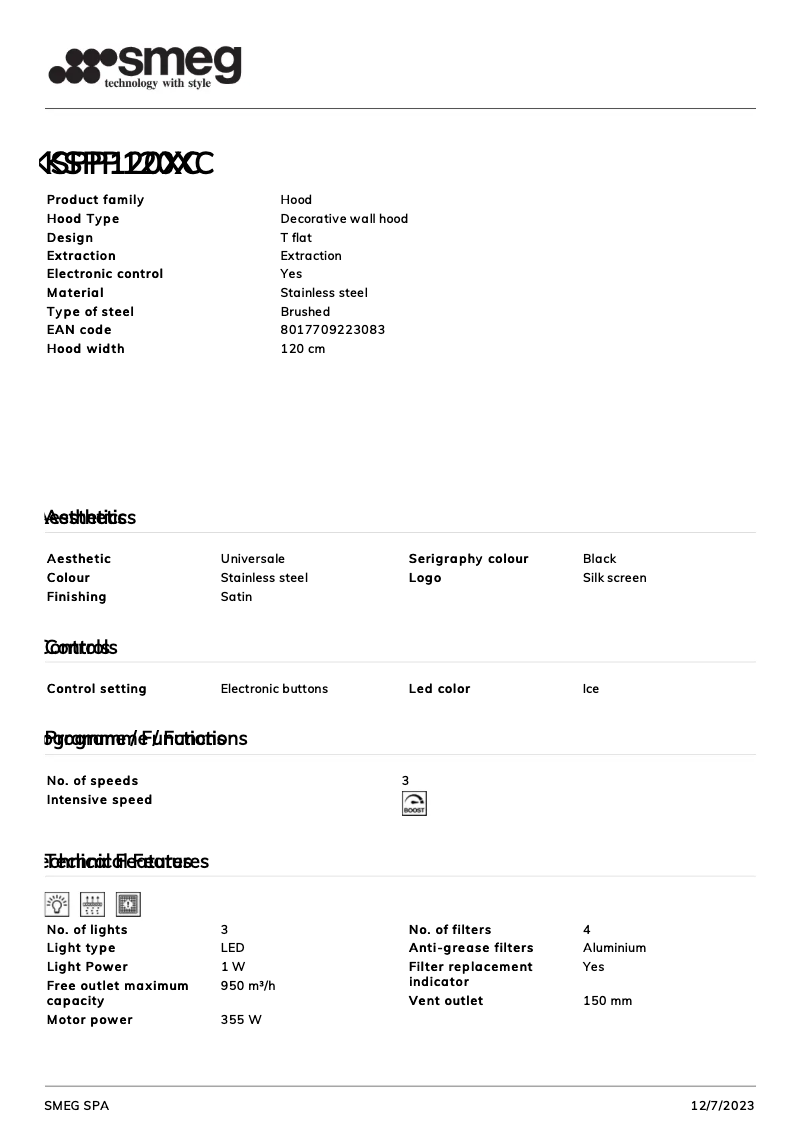 Page 1 de la notice Fiche technique Smeg KSPP120XC
