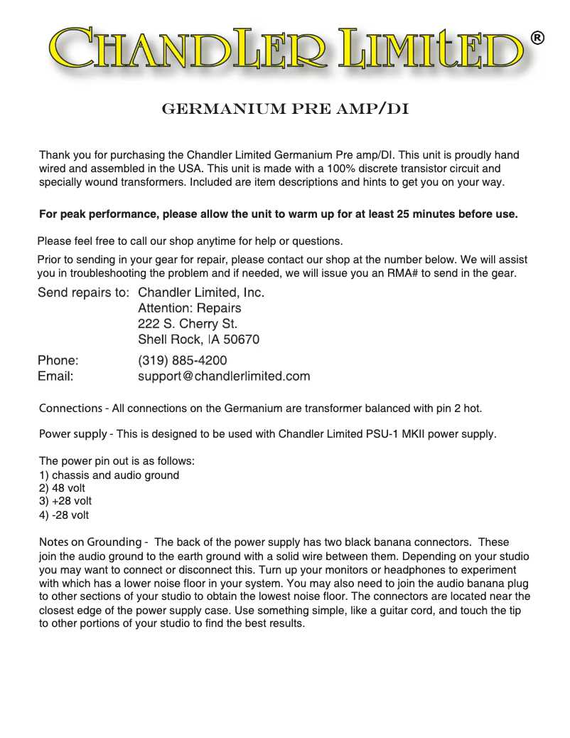 Image de la première page du manuel de l'appareil Germanium Pre Amp/DI
