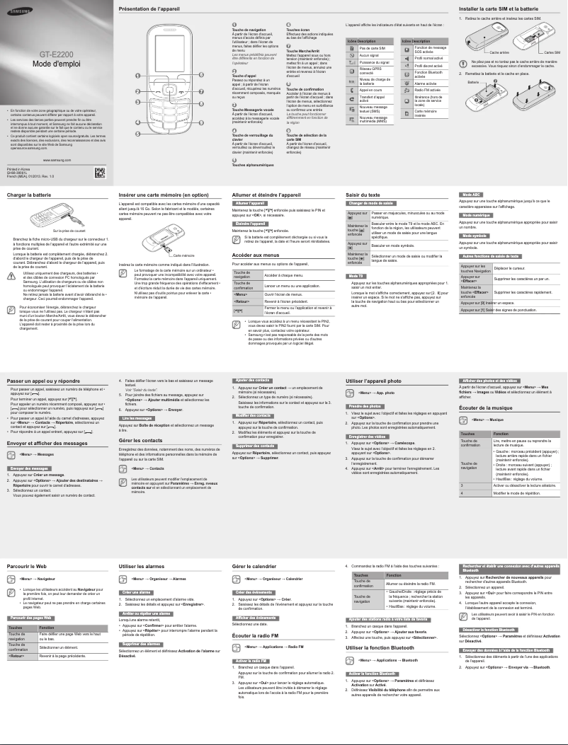 Page 1 de la notice Manuel utilisateur Samsung E2200