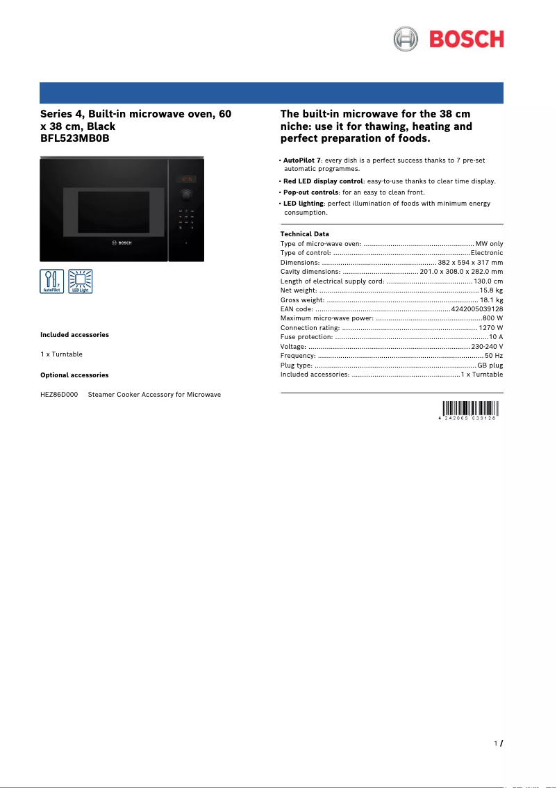 Page 1 de la notice Fiche technique Bosch BFL523MB0B