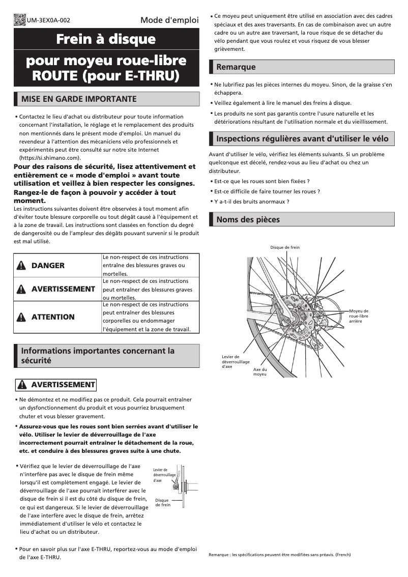 Page 1 de la notice Manuel utilisateur Shimano FH-R7070