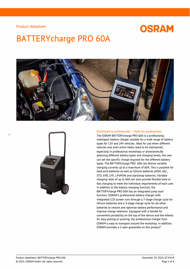 Page 1 de la notice Fiche technique Osram BATTERYcharge PRO 60A