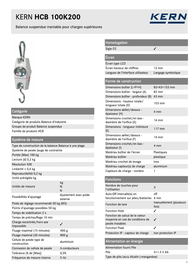 Page 1 de la notice Fiche technique Kern HCB 100K200