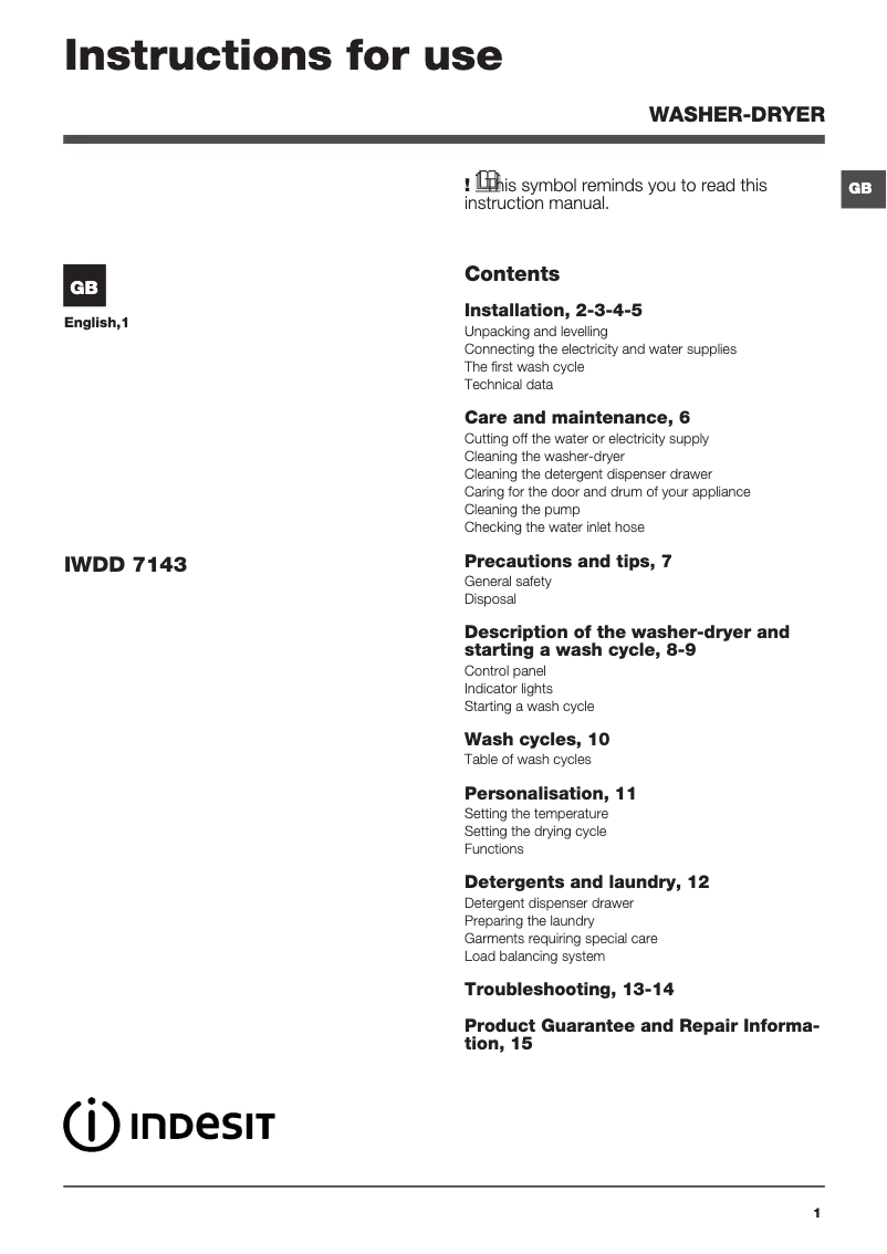 Page 1 de la notice Manuel utilisateur Indesit IWDD 7143