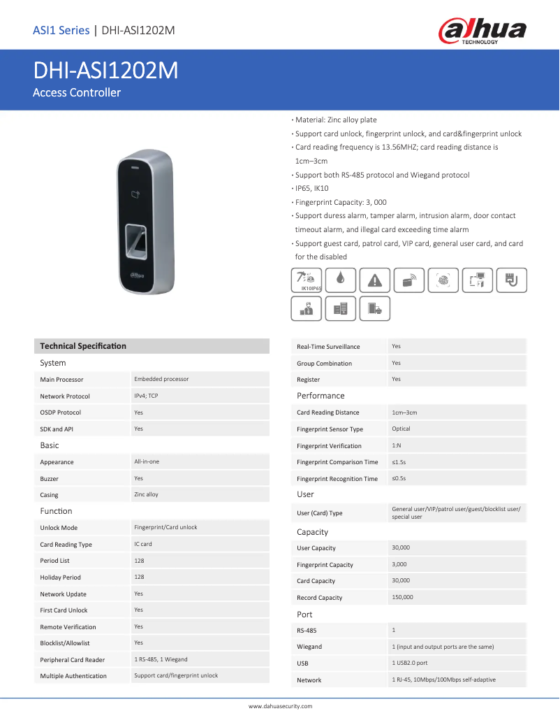 Page 1 de la notice Fiche technique Dahua Technology ASI1202M-D