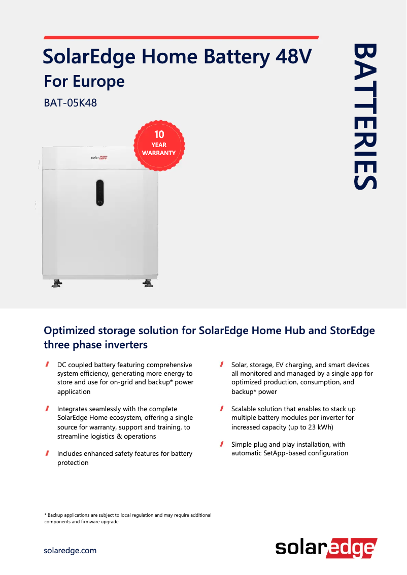 Page 1 de la notice Fiche technique SolarEdge IAC-RBAT-5KMTOP-01