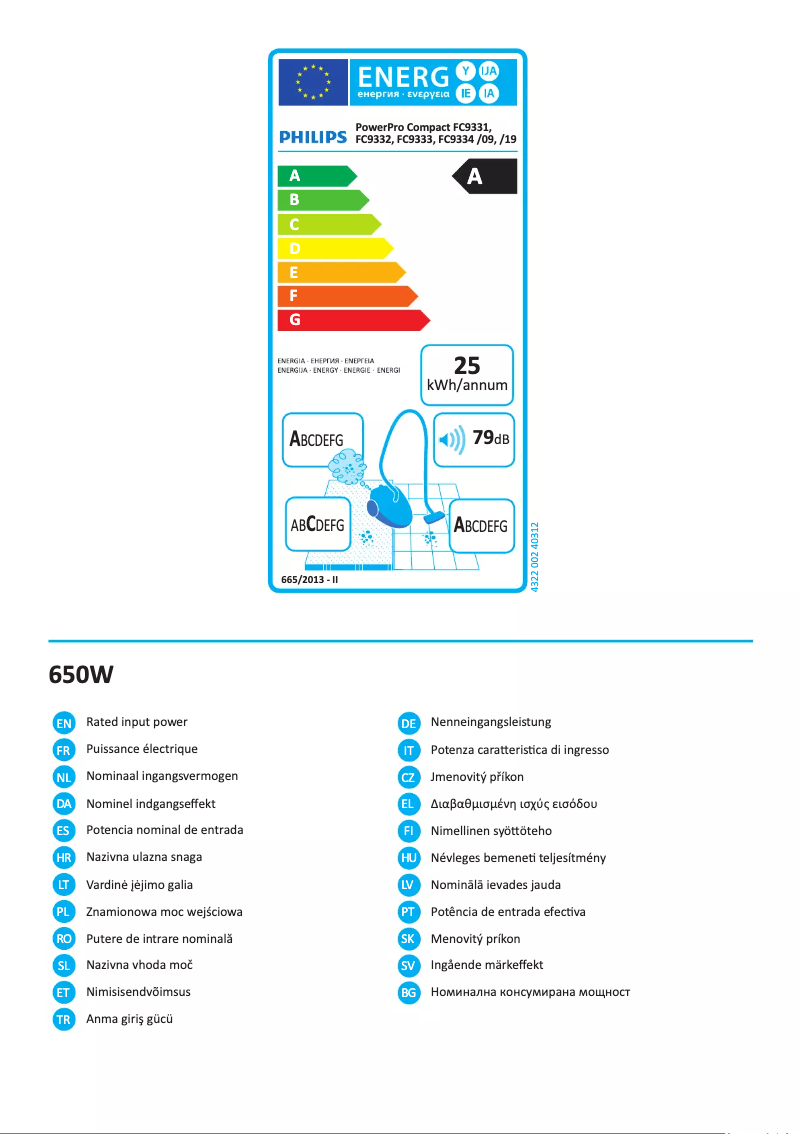 Page n°1 - Label énergétique Philips PowerPro Compact FC9333