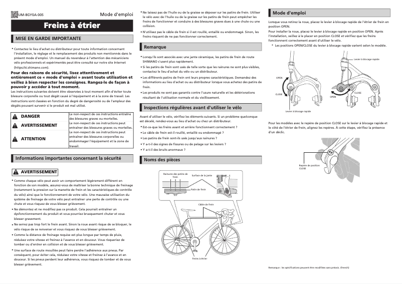 Page 1 de la notice Manuel utilisateur Shimano BR-9010-F