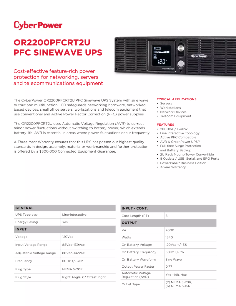 Page 1 de la notice Fiche technique CyberPower OR2200PFCRT2U