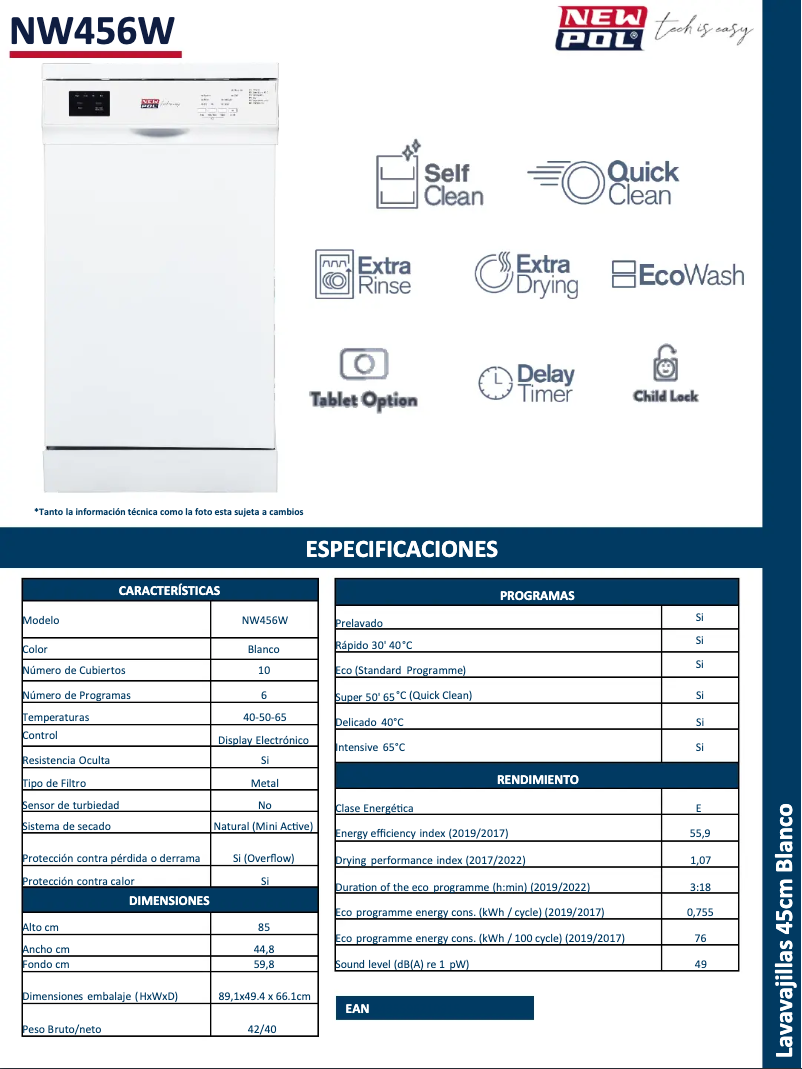 Page 1 de la notice Fiche technique New Pol NW456W