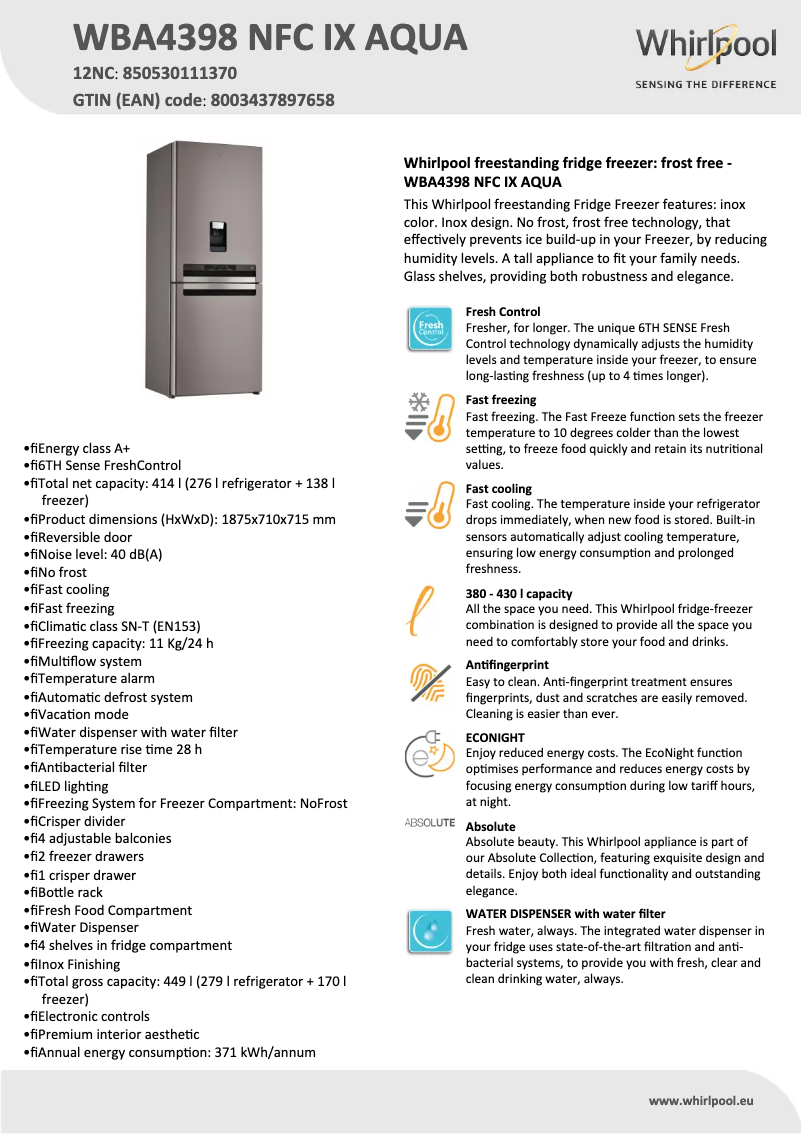 Page n°1 - Fiche technique Whirlpool WBA4398 NFC IX AQUA