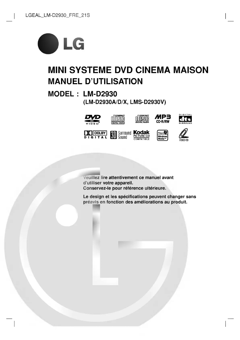 Page 1 de la notice Manuel utilisateur LG LM-D2930A