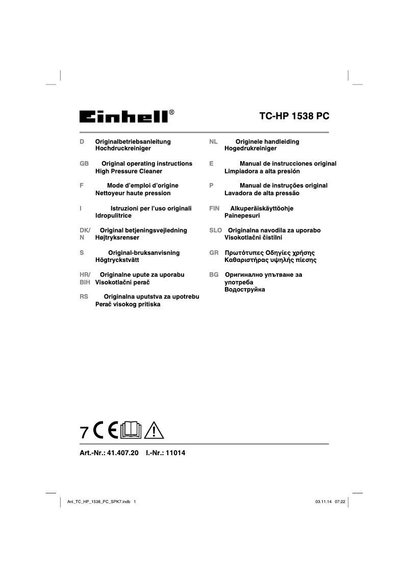 Page 1 de la notice Manuel utilisateur Einhell TC-HP 1538 PC