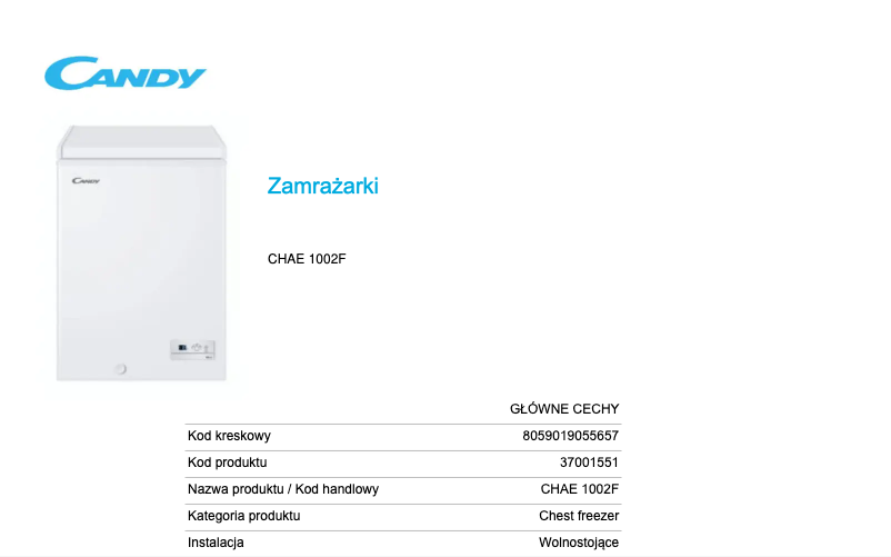 Page n°1 - Fiche technique Candy CHAE 1002F