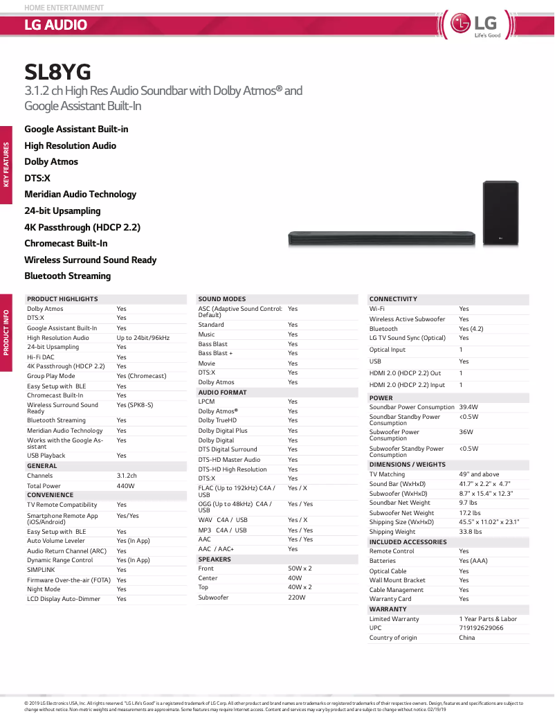 Page 1 de la notice Fiche technique LG SL8YG