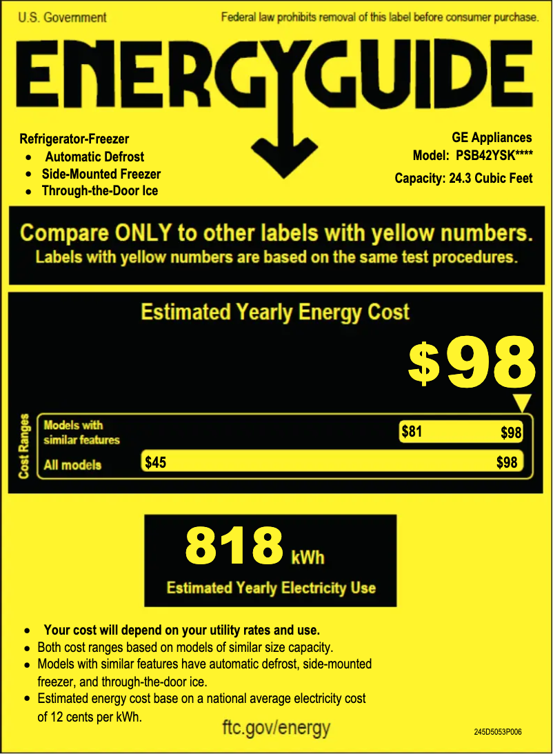 Page 1 de la notice Label énergétique GE Profile PSB42YSKSS
