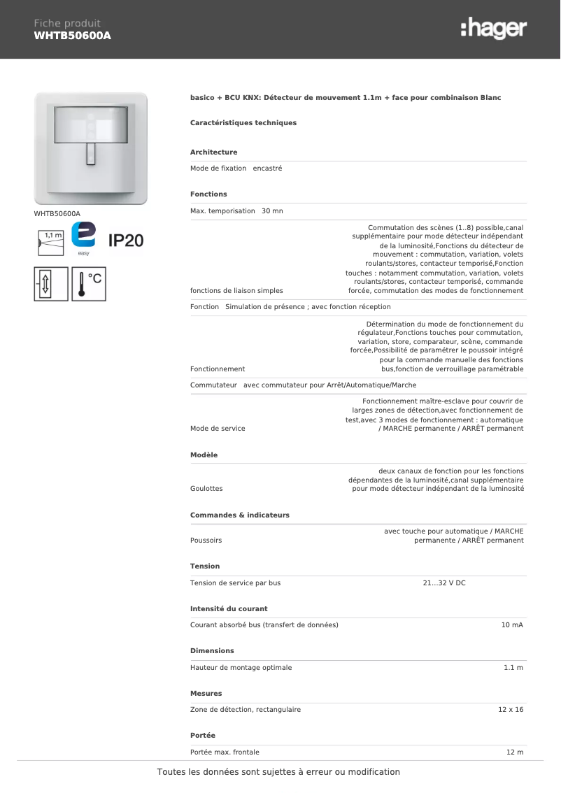 Page n°1 - Fiche technique Hager WHTB50600A