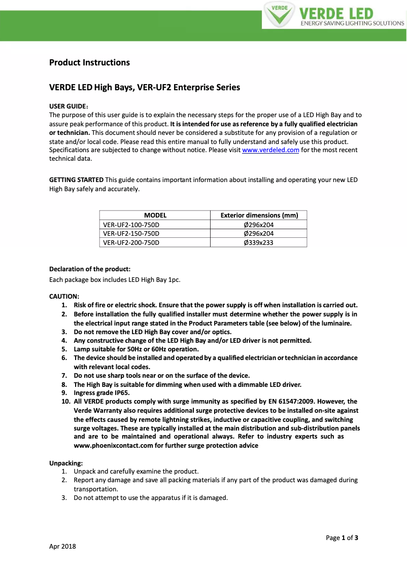 Image de la première page du manuel de l'appareil VER-UF2-200-750D