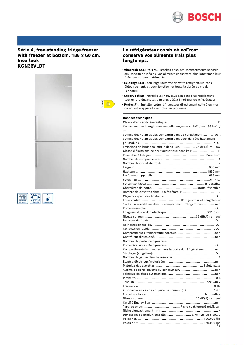 Page n°1 - Fiche technique Bosch KGN36VLDT