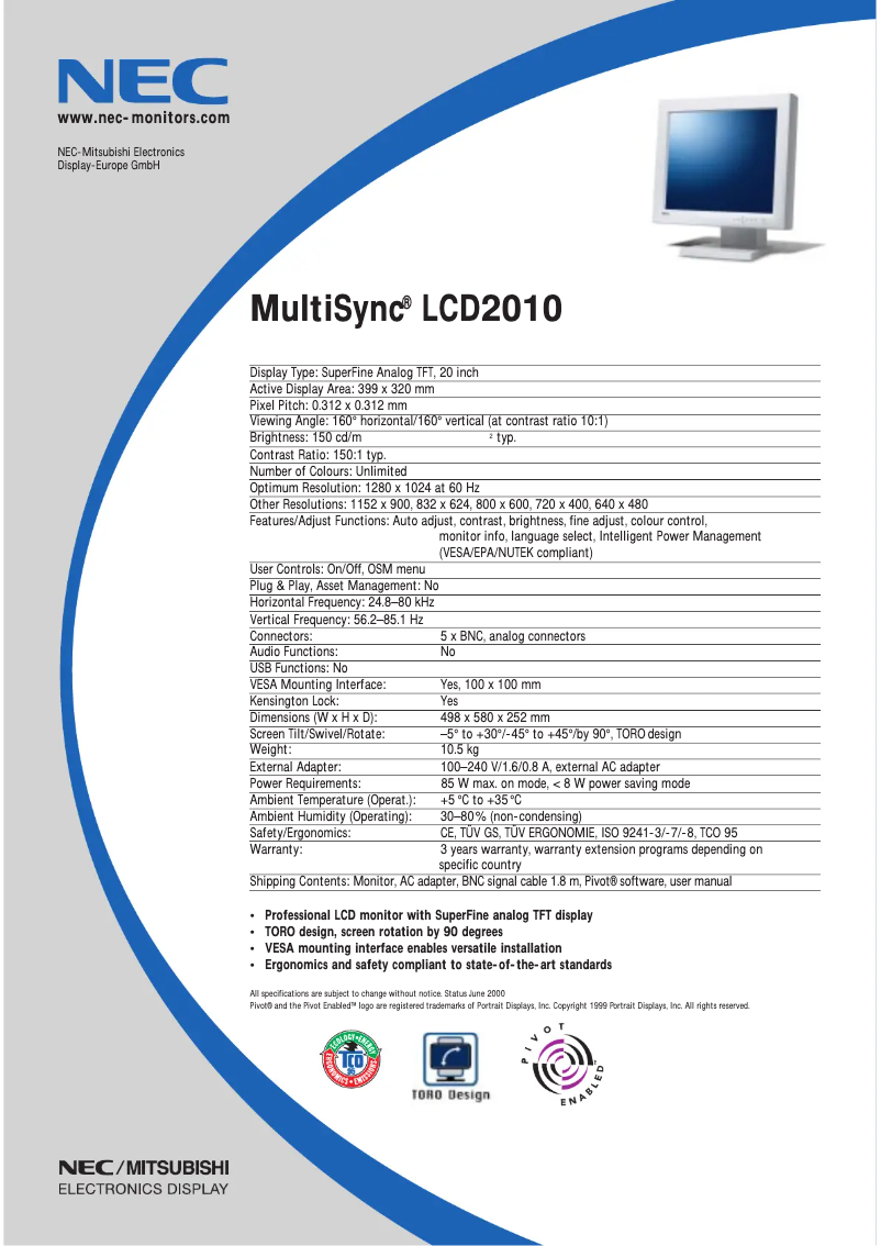 Page 1 de la notice Fiche technique NEC MultiSync LCD 2010