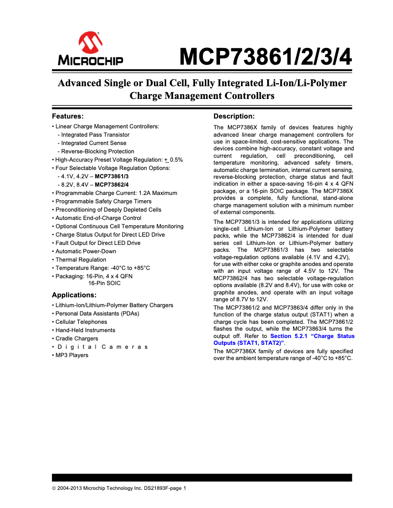 Page 1 de la notice Manuel utilisateur Microchip MCP73862