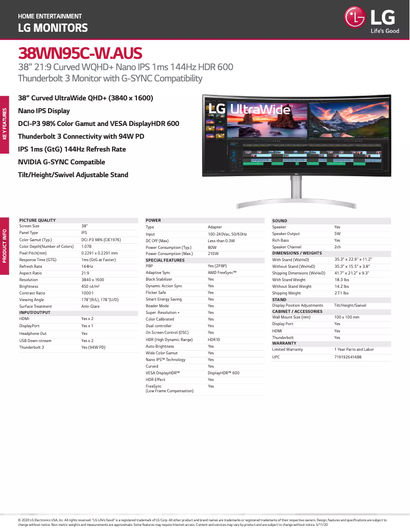 Page n°1 - Fiche technique LG UltraWide 38WN95C