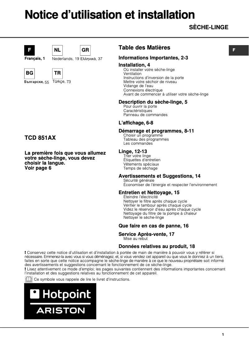 Page 1 de la notice Manuel utilisateur Hotpoint TCD 851 AX