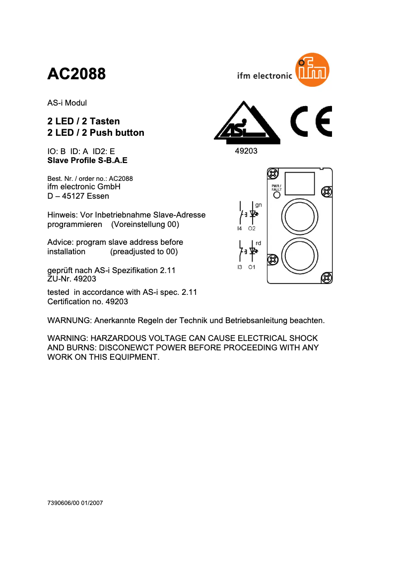 Page n°1 - Manuel utilisateur IFM AC2088