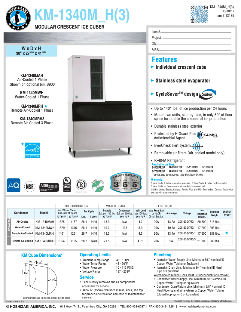 Page 1 de la notice Fiche technique Hoshizaki KM-1340MRH3